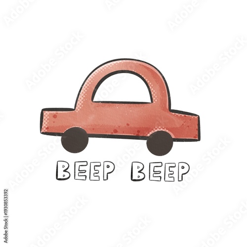 cartoon car, hand drawing lettering, decor elements. flat style, colorful illustration for kids. baby design for cards, poster decoration, t-shirt print