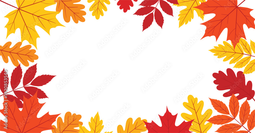 Fototapeta premium Vibrant autumn leaves border frame vector in flat graphic style isolated on white