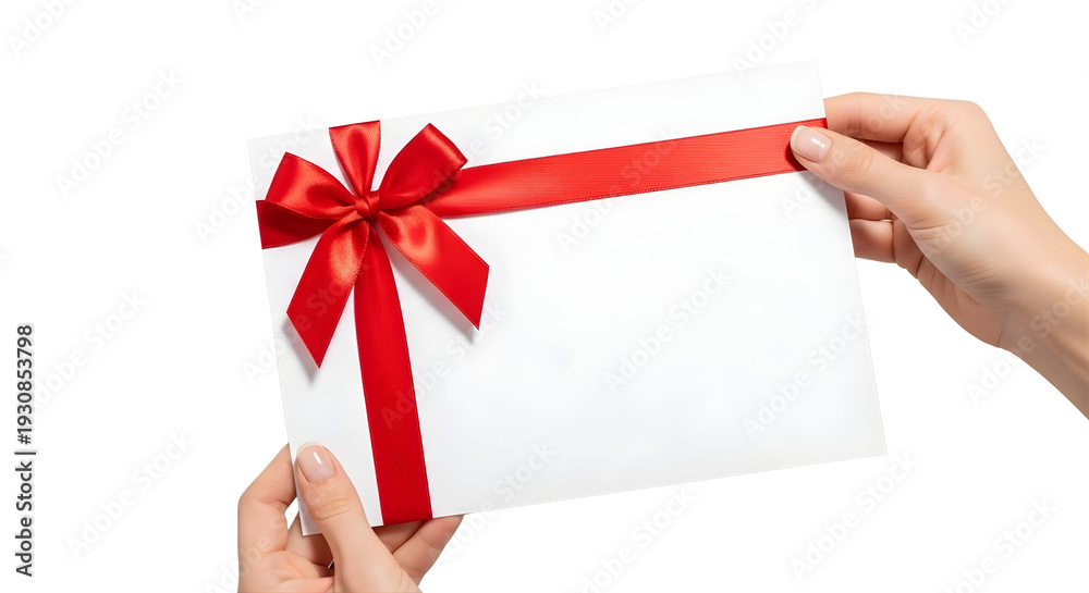 Obraz premium Blank white piece of paper with gift silk ribbon bow holding in women's hands isolated on flat light background, copy space, gift certificate template.