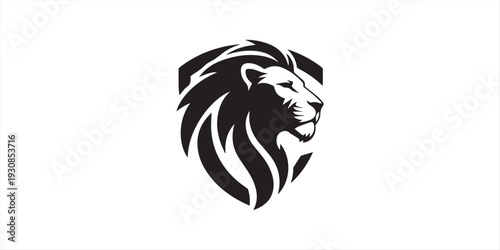 Black lion silhouette with flowing mane on white background isolated on a white background