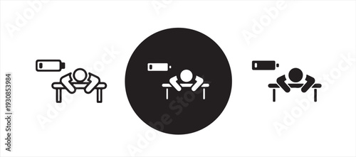 Set level energy person with battery from low tired in full happy, line icon. People with low charge and lack battery energy and human strong power sign with high energy. Burnout, stress.