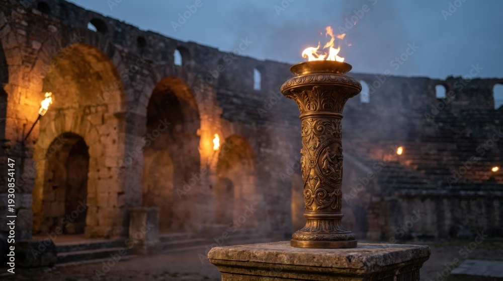 Obraz premium Ornate Renaissance-Inspired Ceremonial Torch Ablaze with Flame Amidst Ancient Stone Ruins at Dusk