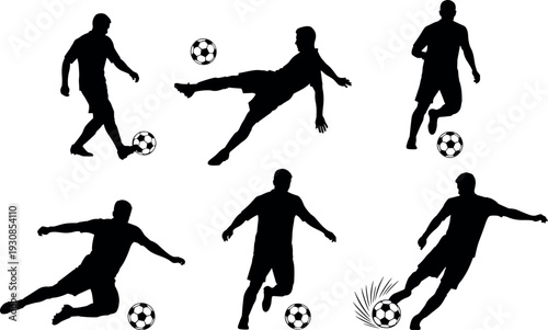 Set of black silhouettes featuring male soccer players kicking balls in various action poses for sports competition and fitness designs,