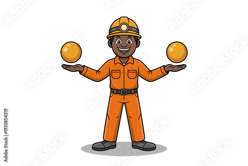 A cartoon miner in an orange jumpsuit and hard hat balancing two gold nuggets on his hands