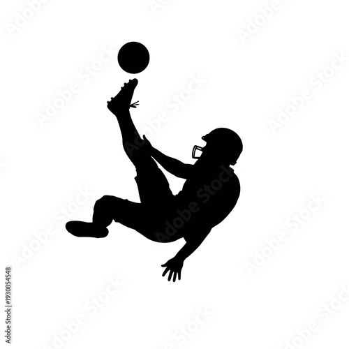 Silhouette of an athlete mid jump kicking a ball in dynamic sports action.