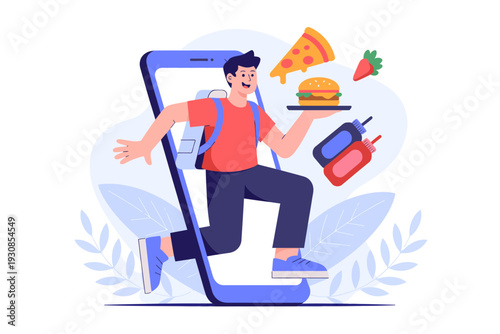 A cheerful young man jumping out of a giant smartphone with food items and a backpack, symbolizing food delivery or online ordering.