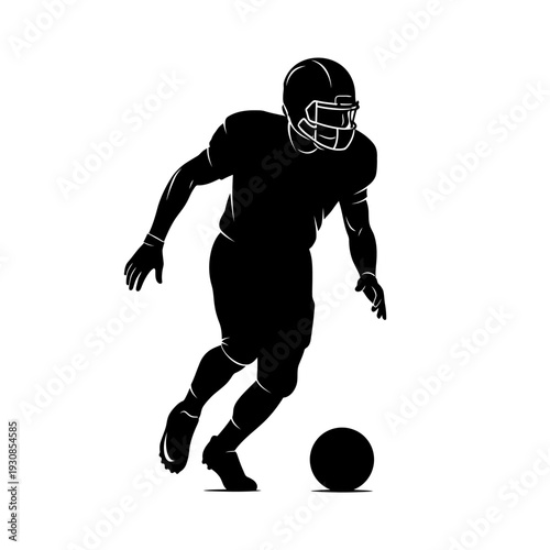 Silhouette of an American football player in action with ball on a white background.