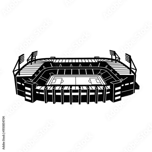 Illustration of a large sports stadium with tiered seating and playing field.