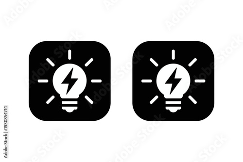 A minimalist vector graphic illustration of two light bulb icons with lightning bolts, symbolizing innovative ideas and energy