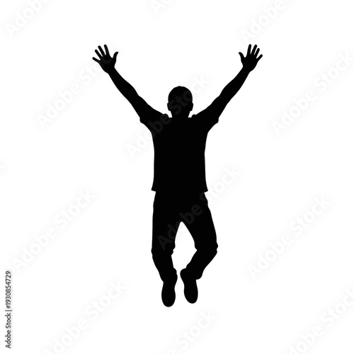 Energetic silhouette of a person leaping with arms raised in a dynamic, joyful moment.
