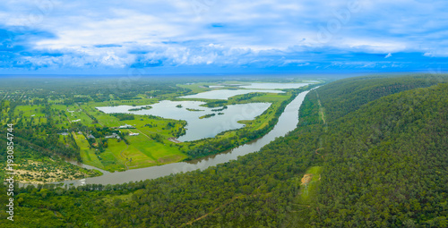 Drone aerial photograph of the Cumberland Plain and Nepean River and Penrith Lakes after major rainfall in the Blue Mountains in New South Wales, Australia