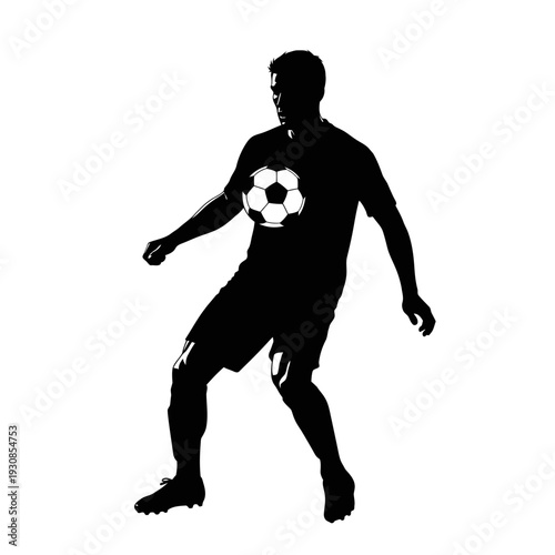 Silhouette of a soccer player in mid action with ball on the field.