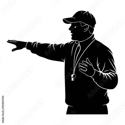 Silhouette of a sports coach giving instructions with whistle and cap.