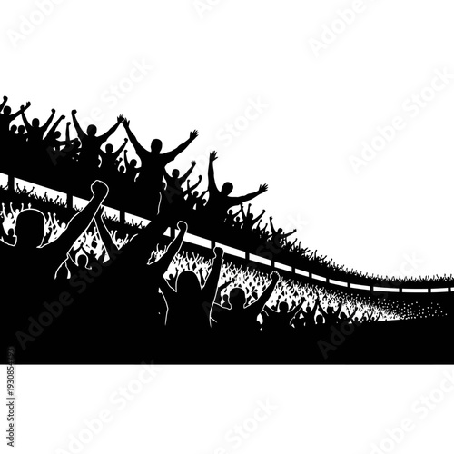 Silhouetted crowd cheering and celebrating in a stadium stands during a sports event.