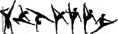 Female Gymnastics Silhouette Collection Acrobat Dance Balance Jump Pose Set Isolated Vector Illustration Athlete Sport Movement Training