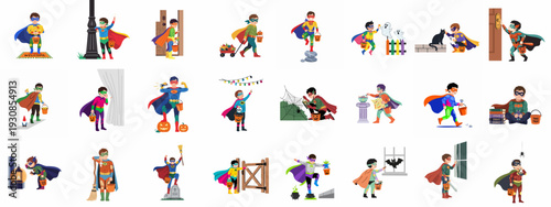 Cute Superhero Boys in Halloween Costumes Enjoying Trick-or-Treating and Spooky Season Fun, Vector Collection