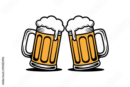 A vector graphic illustration of two beer mugs with foamy beer on a white background