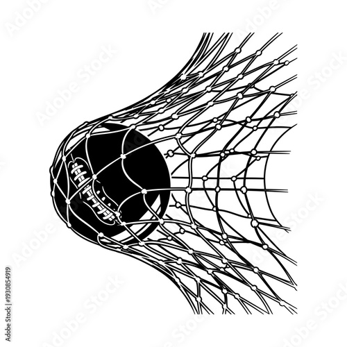 Lacrosse ball caught in the mesh of a goal net during play on the field.