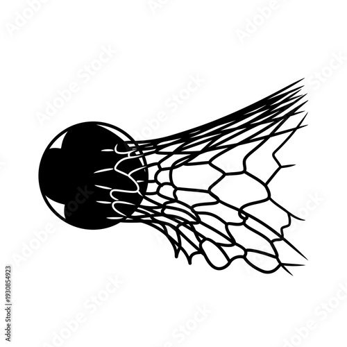 Basketball through net in motion with silhouette and dynamic vector illustration.
