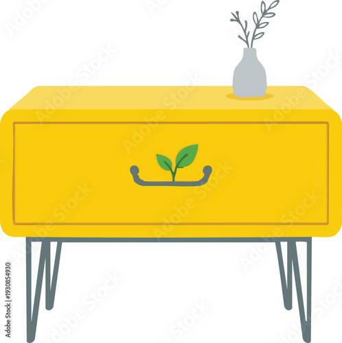 Minimalist flat vector illustration of a yellow modern nightstand with dark gray hairpin legs and a green leaf sprout handle for sustainable bedroom furniture.