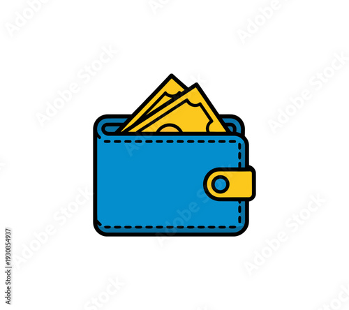 A blue wallet with yellow cash sticking out, depicted in a simple vector graphic style.