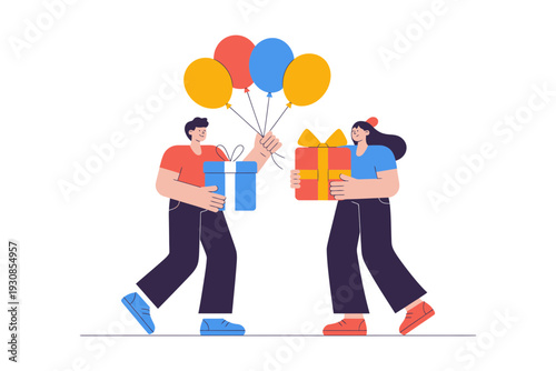 A colorful vector illustration of two people exchanging gifts and balloons on a special occasion