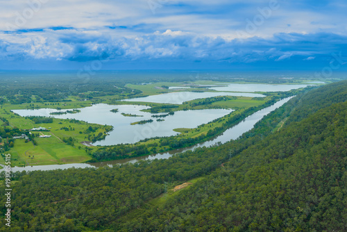 Drone aerial photograph of the Cumberland Plain and Nepean River and Penrith Lakes after major rainfall in the Blue Mountains in New South Wales, Australia