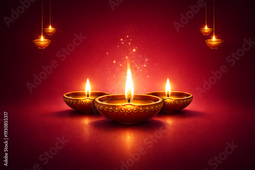 Illuminated diyas create a warm festive glow against a rich red backdrop