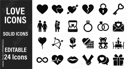 Love and romance solid icon set featuring 24 editable vector icons for Valentine's Day wedding and relationship designs
