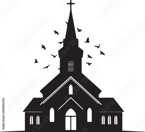 Symmetrical Country Church Silhouette with Steeple and Flying Birds for Easter