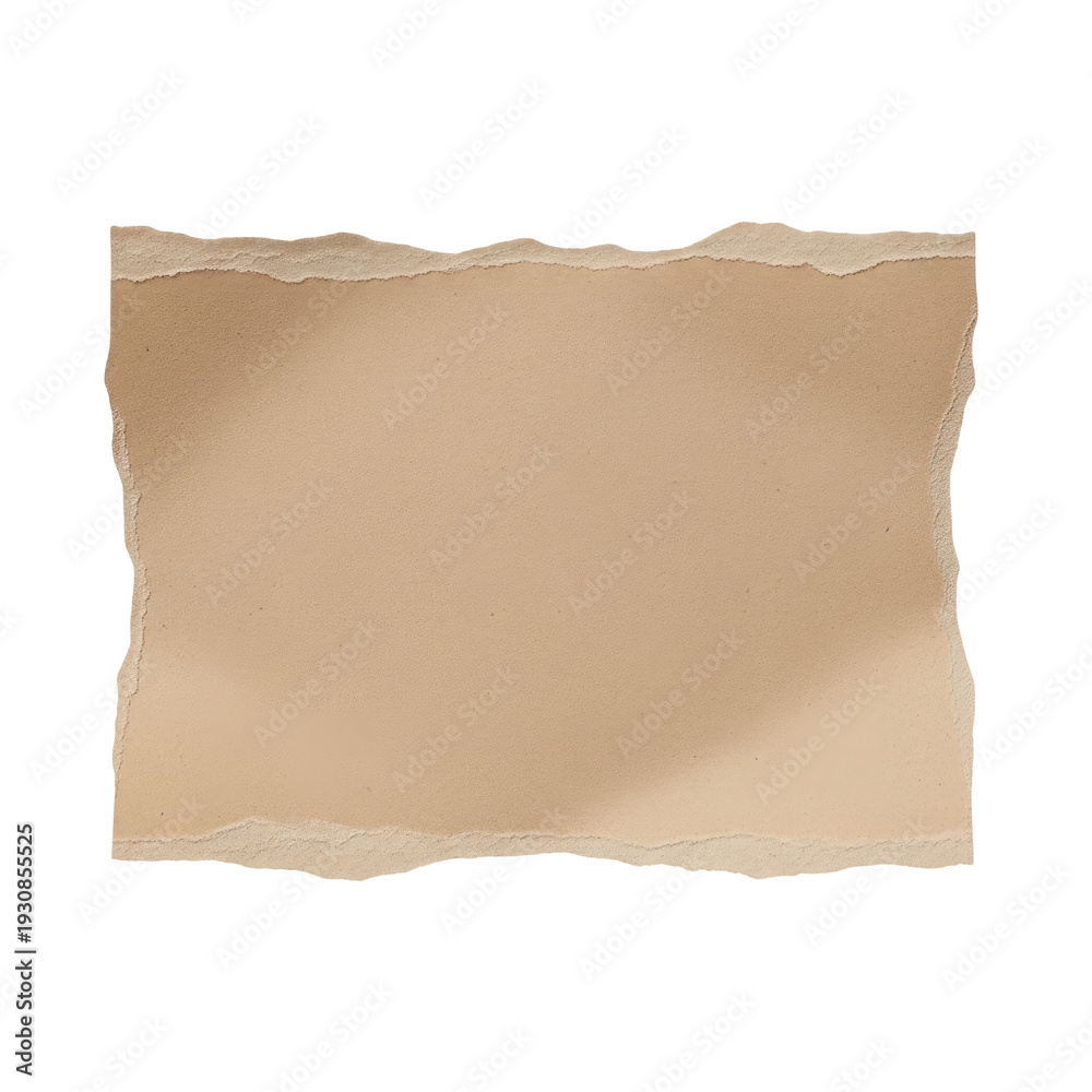 Obraz premium Torn beige paper fragment with rough edges and subtle shadow casting isolated on a transparent background