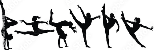 Girls Gymnastics Silhouette Set Acrobat Dance Jump Pose Collection Isolated Vector Illustration Athlete Movement Balance Sport Training Clipart