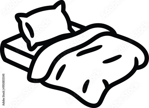 Cozy bed with a plump pillow and neatly folded blanket rendered in a thick, bold outline style.