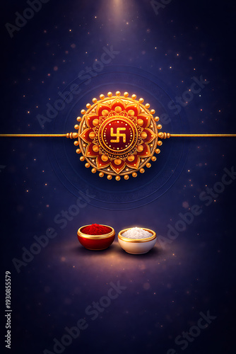 Golden rakhi with sweets displayed against a dark textured background