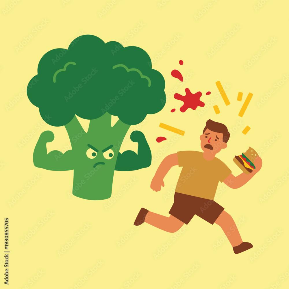 Fototapeta premium Angry Broccoli Chasing Scared Person with Burger.