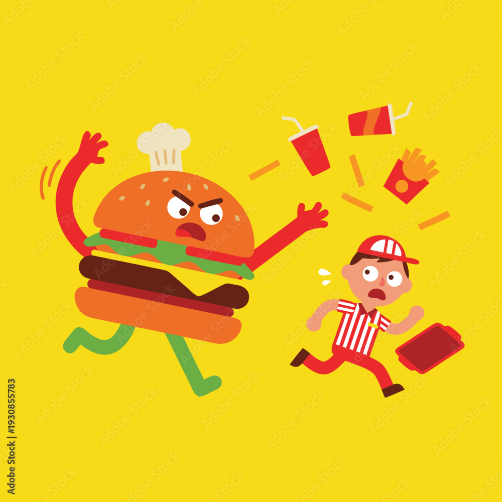 Naklejka premium Angry Burger Chasing Scared Fast Food Worker.