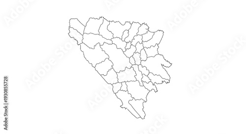 Bosnia and Herzegovina Country Map Outline with Administrative Divisions on Isolated White Background