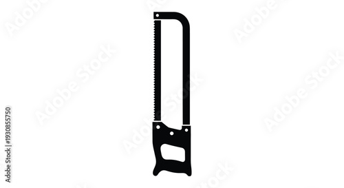 A striking black silhouette of a hand saw against a white background
