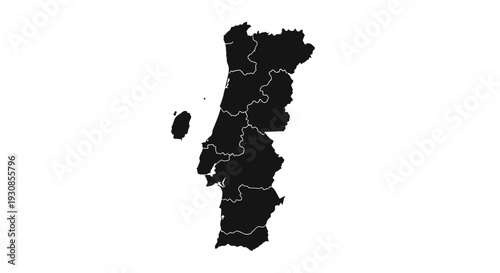 Portugal Country Solid Black Map Silhouette with Administrative Divisions, isolated white background