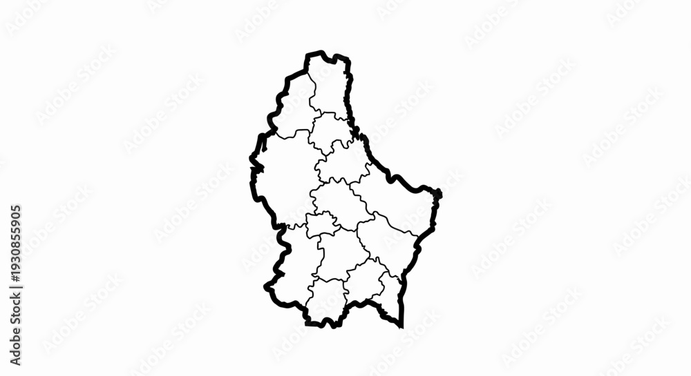 Obraz premium Luxembourg Country Outline Map with Administrative Divisions and Bold Border, isolated white background