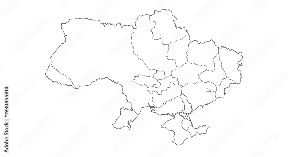 Fototapeta Ukraine Country Outline Map with Administrative Regions, isolated white background