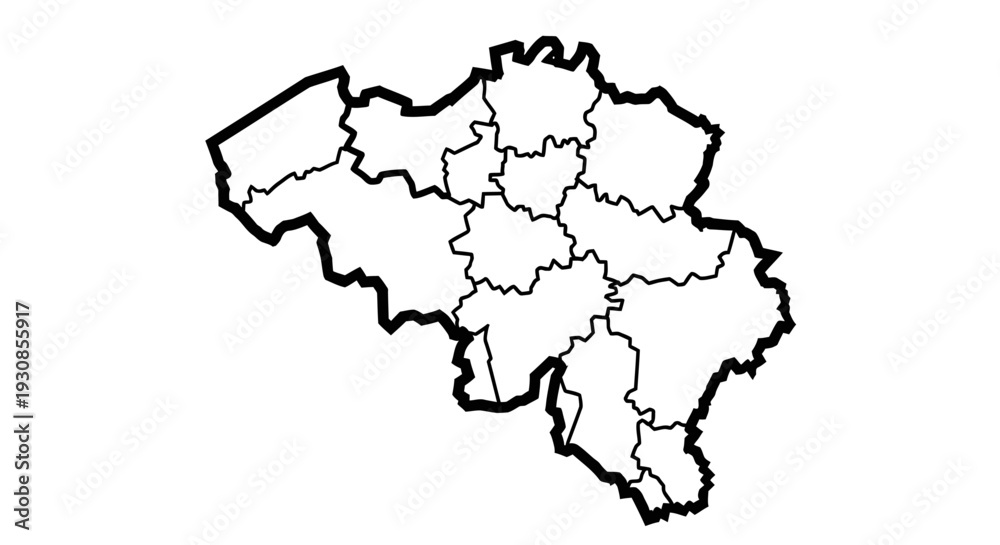 Fototapeta premium Belgium Outline Map with Administrative Divisions and Thick Border on Isolated White Background