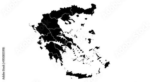 Greece Map Black Silhouette with Administrative Divisions on Isolated White Background