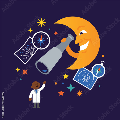 Astronomy Exploration with a Child and a Smiling Moon.