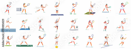 Dynamic Female Tennis Players in Action: A Collection of Flat Design Vector Illustrations showcasing various serves, volleys, and groundstrokes on court.