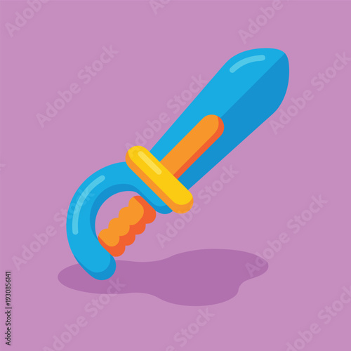 Blue and orange toy sword on purple background.