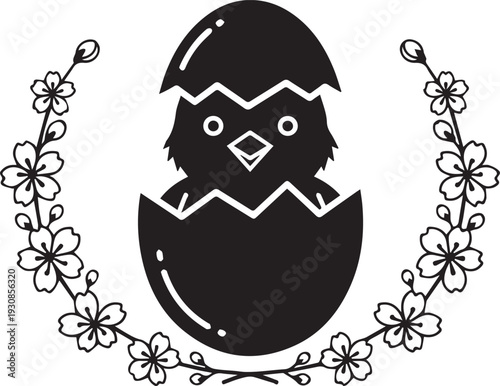 Mobilechick, hatching, egg, easter, silhouette, wreath, cherry, blossom, flower, spring, bird, baby, cute, cartoon, character, animal, nature, floral, border, frame, graphic, vector, illustration, bla