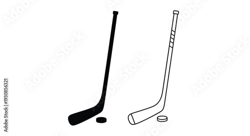 Two hockey sticks and a puck depicted in a black silhouette