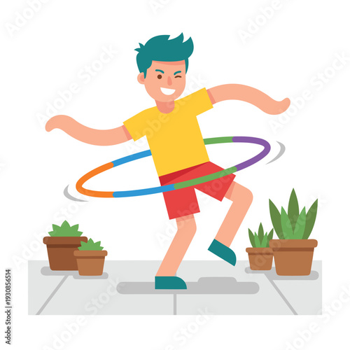 Boy Hula Hooping with Enthusiasm Outdoors.