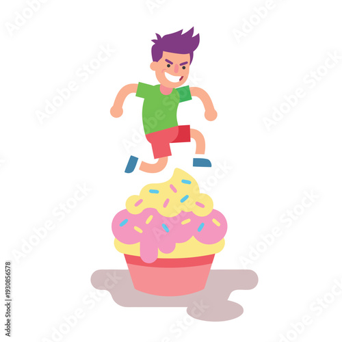 Boy Jumping on a Giant Cupcake.
